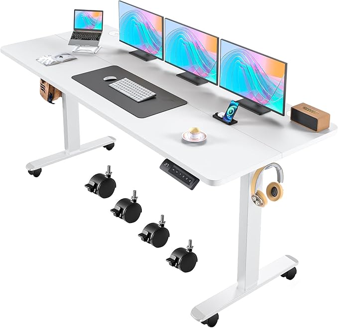 Electric Adjustable Standing Desk with Wheels, 63'' x 24''Sit Stand Table with Dual Crossbeam Structure and Mouse Pad, 27''-46'' Lifting Range Stand up Desk(White)