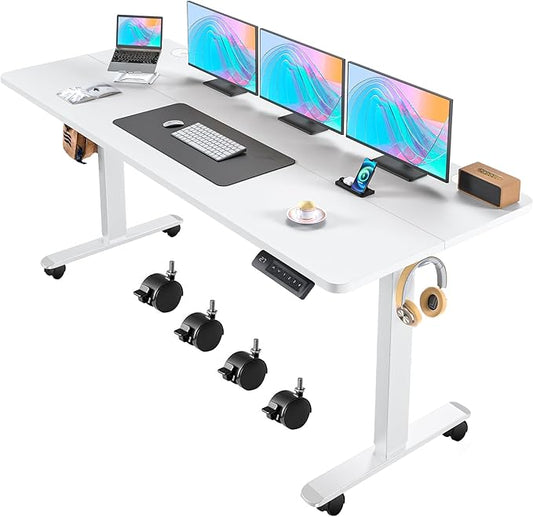 Electric Adjustable Standing Desk with Wheels, 63'' x 24''Sit Stand Table with Dual Crossbeam Structure and Mouse Pad, 27''-46'' Lifting Range Stand up Desk(White)