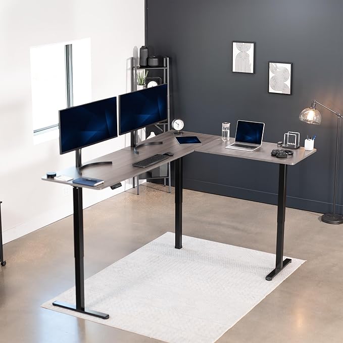 VIVO Corner Standing Desk, 84 x 63 inch Reversible L-Shaped Workstation, Electric Height Adjustment, Home, Office, and Reception Rooms, Dark Gray Table Top Black Frame, DESK-E3CTBG-84
