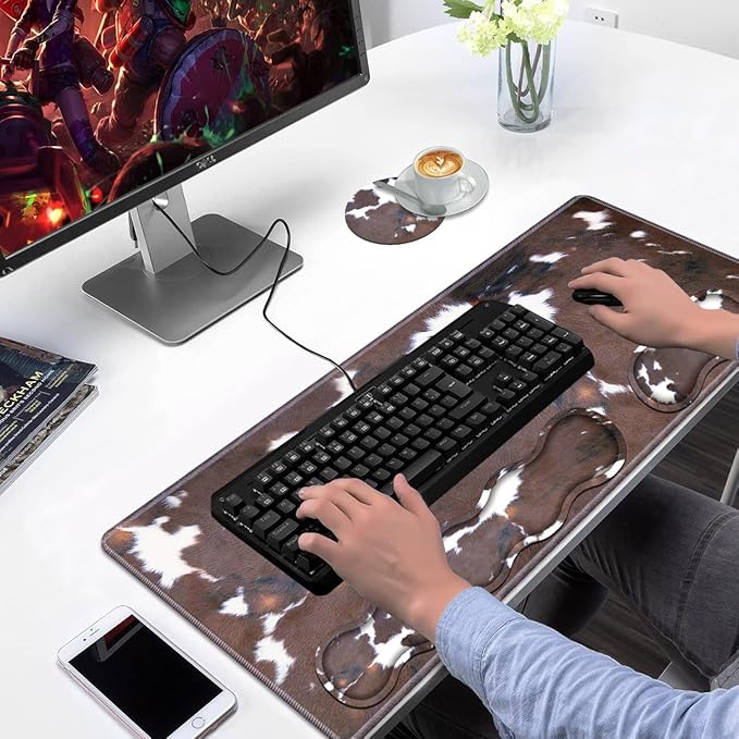 Ergonomic Keyboard Wrist Rest & Mouse Pad Wrist Rest Set, Large XXL Gaming Desk Mat 31.5"x 11.8" with Non-Slip Base, Memory Foam, Easy Typing Pain Relief for Home & Office, Brown Cow Print