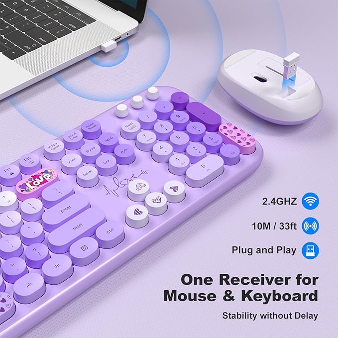KNOWSQT Wireless Keyboard and Mouse Combo - Lovely Purple Rainbow 2.4G Full-Sized Colorful Keyboards, Round Keycap USB Dongle Plug Play Cute Keyboards for Windows, Laptop, PC, Desktop, Mac