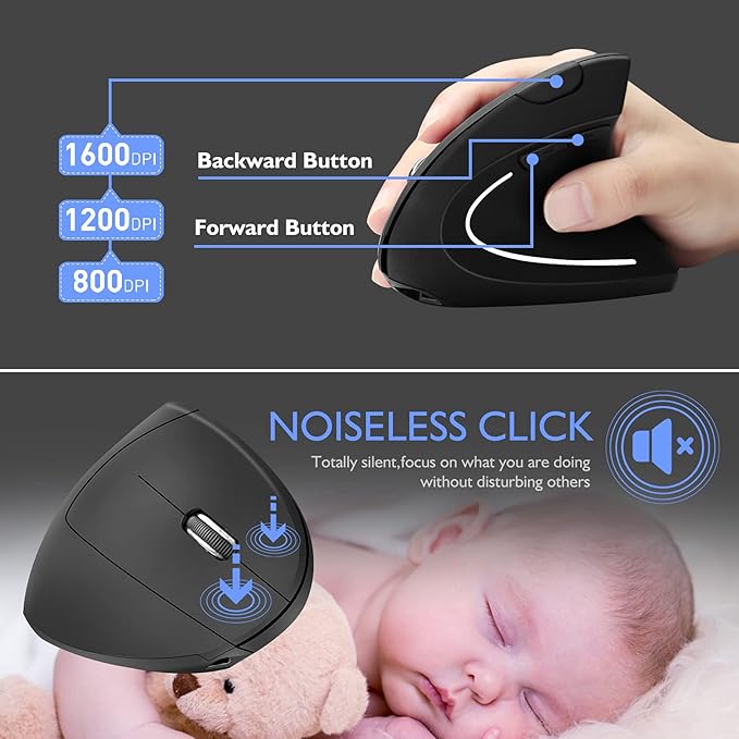 Ergonomic Mouse Wireless Bluetooth Vertical Mouse Three-mode Connection:BT5.0+USB A+USB C- Rechargeable,Ergonomic,6 Buttons,1600 DPI,2.4G Optical-Compatible with Mac ipad Tablet Laptop PC Computer