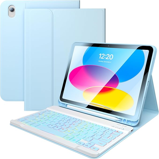 for iPad 11th 10th Generation Case with Keyboard, 10.9 Inch 7Color Backlit Detachable Wireless BT Keyboard Folio Protective Case with Pen Holder for New iPad 10th Generation 2022 (Blue)