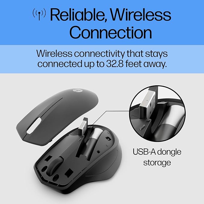 HP 280 Silent Wireless Mouse - Ergonomic, Right-Handed Design - 2.4GHz USB Wireless Connection - Multi-Surface Technology, 1600 DPI Optical Sensor - Win, Chrome, Mac OS - Up to 18-Month Battery Life