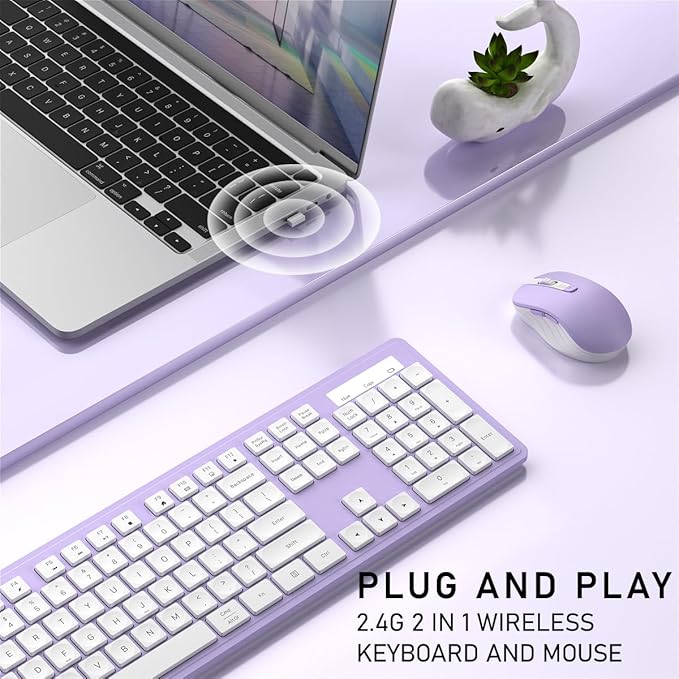 Wireless Keyboard and Mouse, 2.4GHz Cordless Keyboard Mouse Combo, Optical Mouse, Plug and Play USB Receiver, Compatible with Windows, Mac, Laptop, and PC（White Purple）