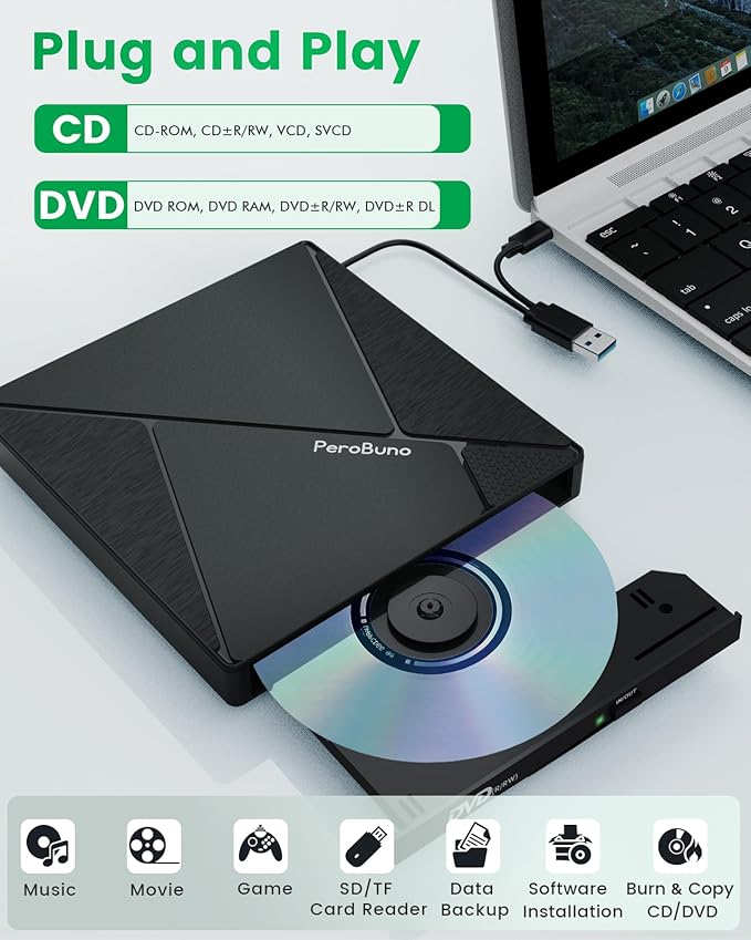 PeroBuno External CD DVD Drive, USB 3.0 Optical Disc Drive, 4 USB Ports and 2 TF/SD Card Slots, CD DVD Burner Writer Reader Player for Laptop MacBook iMac Desktop PC Windows 11/10/8/7/XP Linux Mac OS