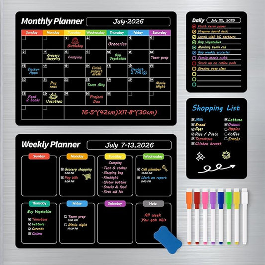 FINDMAG 4 Pack Magnetic Dry Erase Board Set, 16.5"x11.8" Magnetic Calendar for Refrigerator, Fridge Calendar Magnet, Black Weekly Planner Whiteboard for Fridge, Easy to Use with 8 Markers & Eraser