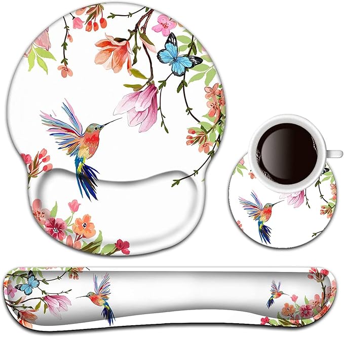 Keyboard Wrist Rest and Mouse Pad with Wrist Support, Ergonomic Gel Mouse Pad Coaster, Comfortable Lightweight for Easy Typing Pain Relief, Memory Foam Keyboard Mousepad Set,Hummingbird Flower