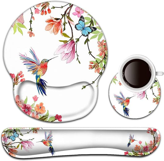 Keyboard Wrist Rest and Mouse Pad with Wrist Support, Ergonomic Gel Mouse Pad Coaster, Comfortable Lightweight for Easy Typing Pain Relief, Memory Foam Keyboard Mousepad Set,Hummingbird Flower