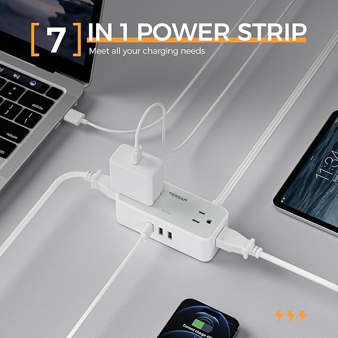 Flat Plug Extension Cord 25 ft, TESSAN Surge Protector Power Strip with 4 AC Outlets 3 USB A Ports, 900 Joules Protection, Multiple Wall Outlet Extender for Home Office Dorm Essentials