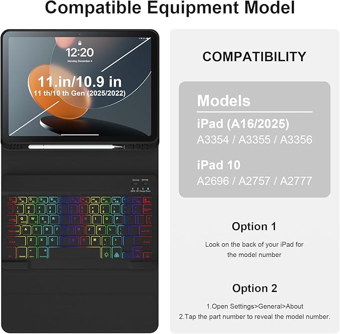 iPad 11th 10th Generation Case with Keyboard 10.9 Inch 2022 Detachable Wireless 7Colors Backlight Keyboard Case with Pencil Holder for and Magnetic Disc Universal Stylus Pen New iPad 10th Gen Black