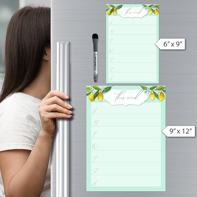 Dry Erase Weekly Calendar Planner Sticker Decal | Removable & Reusable | Magnetic Fine-Tip Marker Included (6 x 9 inches, Vintage Lemon)
