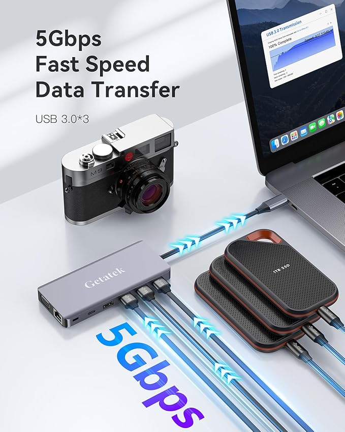 USB Docking Station 2 HDMI, USB 3.0 Hub to HDMI Adapter with 3 USBA 3.0 up to 5Gbps, USBC Data Port & 1 USB 2.0 Port, 100W PD& VGA, SD Card Reader, Multiport USB Dongle with Kensington Safety Lock