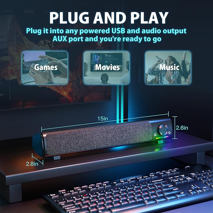 Computer Speakers, USB Powered 3.5mm AUX PC Sound Bar for Desktop Monitor, Gaming Speakers with Headphones & Microphone Link, Superb Stereo Sound, Plug-n-Play (Black)