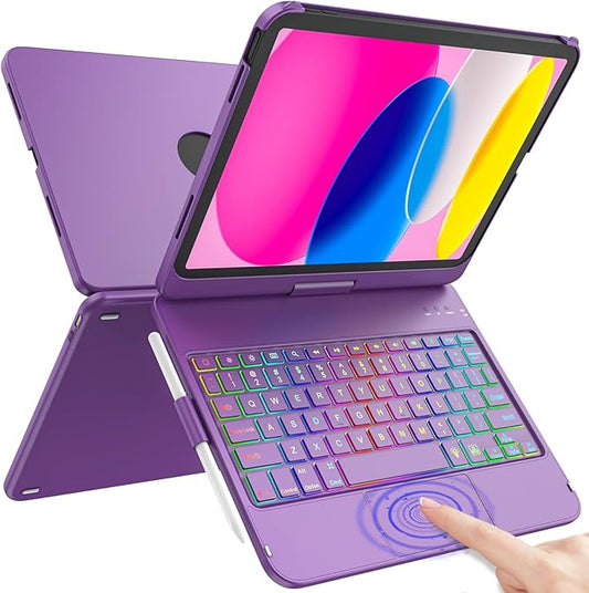 for iPad A16 11th Generation/10th Generation Case with Keyboard,Touch Keyboard for iPad 11" /10th Gen 10.9 inch 2022-10 Color Backlight, 360° Rotatable Protective Cover (Purple)