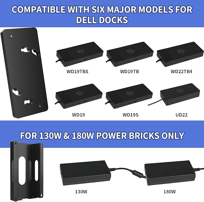 Under Desk Mount for Dell WD19 / WD19S / WD19TB / WD19TBS / WD19DCS / WD22TB4/UD22 Docking Station + Power Bricks(for Original180W & 130W)- Docking Station and Power Bricks Mount Holder Kit