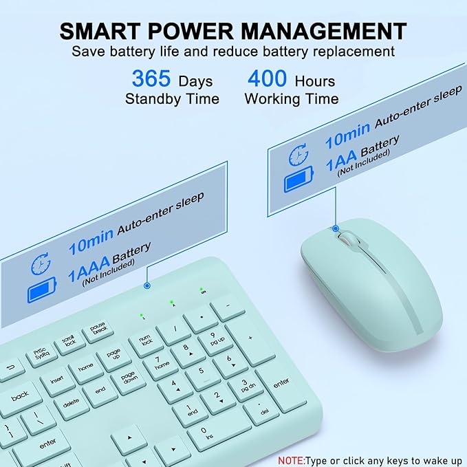 Wireless Keyboard and Mouse Combo, Full-Size Silent Ergonomic Keyboard and Optical Mouse, Long Battery Life, 2.4GHz Lag-Free Cordless Mice Keyboard for Computer, Mac, Laptop, PC, Windows(Green)