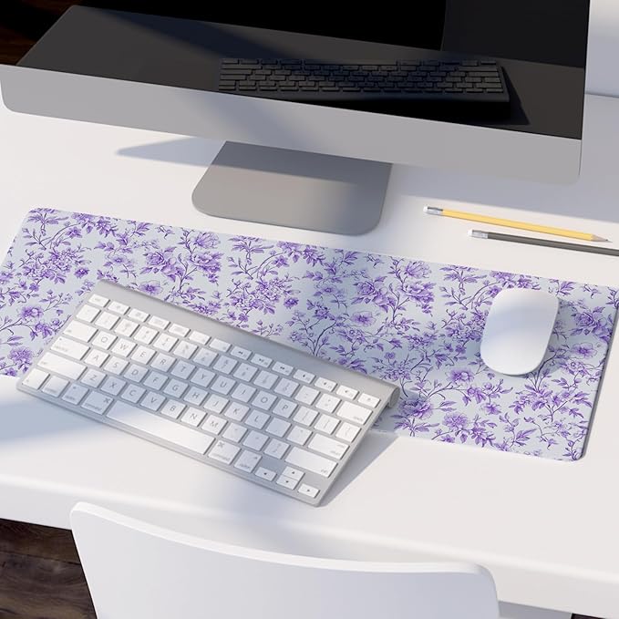 Purple Chinoiserie Mouse Pad,Vintage Purple and White Floral Desk Mat,XL Large Vintage Flowers Preppy Mouse Pad,Girly Laptop Desk Mat for Dorm Home Office,31.5x11.8 Inch