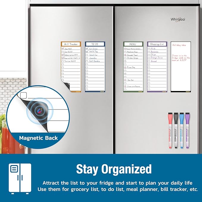 Magnetic Dry Erase White Board - Fridge Whiteboard for to Do List, Daily Menu Board, Dinner Meal Planner, Chore Chart - Grocery Shopping List Scheduled for Fefrigerator with 4 Markers - 4"x10"