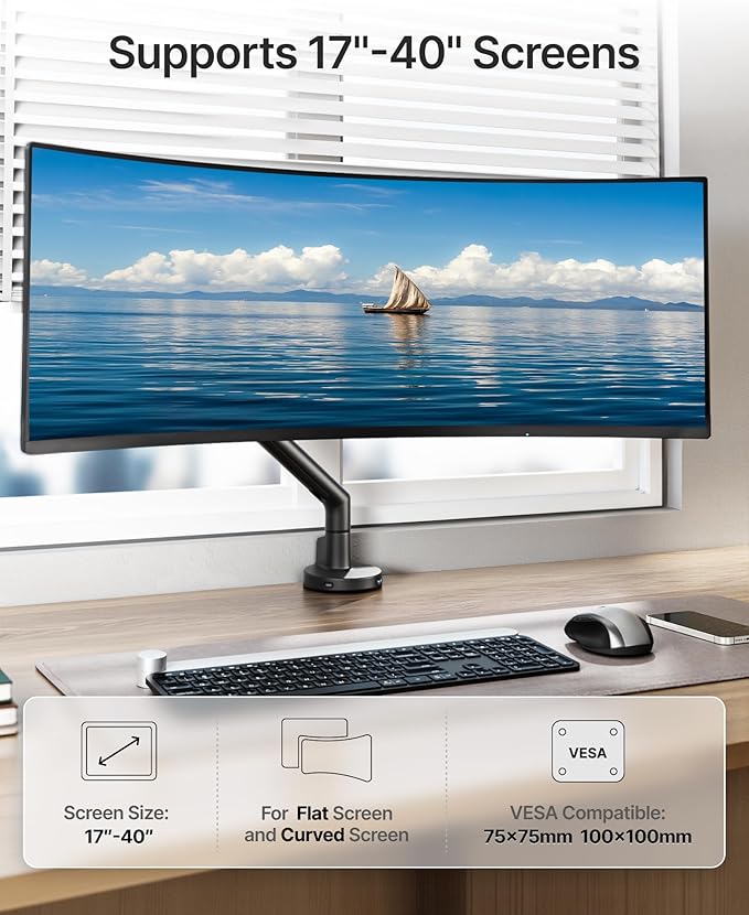 monTEK Single Monitor Arm with USB for 17-40 Inch Screens, Up to 24.3lbs, Heavy Duty Monitor Mount with VESA Mount, Full Motion Adjustment Monitor Stand C-Clamp/Grommet Base,VESA 75/100mm