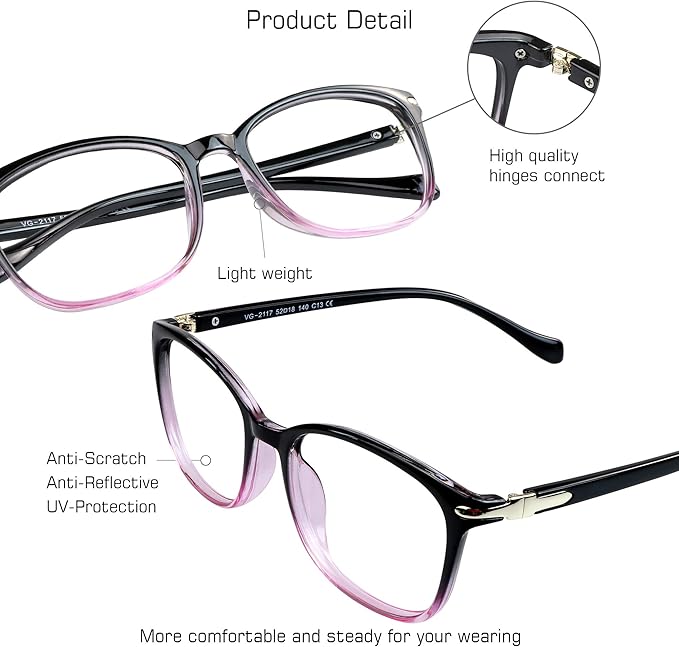 VisionGlobal Blue Light Blocking Glasses for Women Men, Stylish Square Frame (Black Purple,No Magnification)