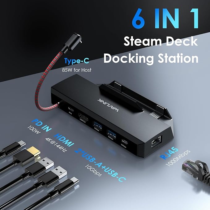 Steam Deck Dock, WAVLINK 6-in-1 Docking Station for Steam Deck/ROG Ally with 4K@144Hz HDMI 2.1, 100W PD in, 3X 10G USB 3.2, Gigabit RJ45