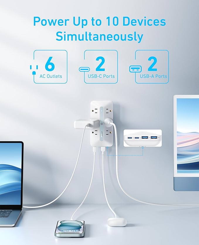 Anker Outlet Extender, Power Strip with 300J Surge Protector, 10-in-1 with 6 AC, 2 USB A, 2 USB C Ports, Wide-Spaces Outlets and 20W Fast Charging, Dorm Room Essentials