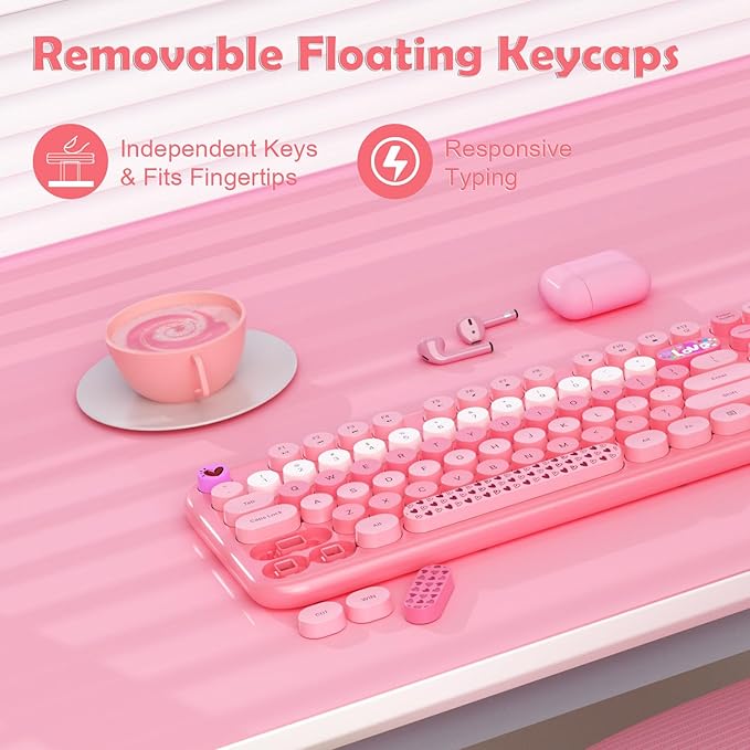 Wireless Keyboard Mouse,104 Full Size Cute Colorful Keyboard and Mouse with Retro Typewriter for PC/Mac/Laptop/Tablet/Computer/Windows/Microsoft, Pink