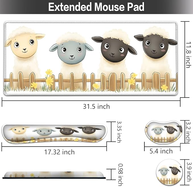Large Mouse pad and Keyboard Support Set, Ergonomic Memory Foam Keyboard Wrist Rest, Extended Gaming Mouse Pad with Stitched Edges, Cute Little Lamb White XXL Desk Mat (31.5 X 11.8 in)