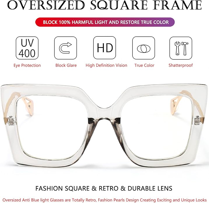AIEYEZO Oversized Blue Light Glasses for Women, Anti Fatigue Prevent Headache Computer Eyeglasses