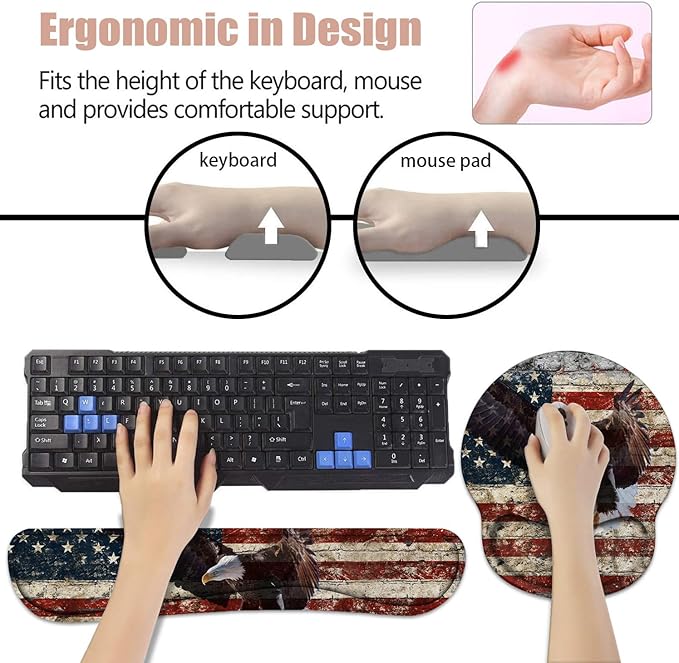 Keyboard Wrist Rest and Mouse Pad Wrist Support Set with Coasters, Non-Slip PU Base, Easy Typing and Relieve Wrist Pain, Perfect for Home Office Working Studying, Military Wall Graffiti USA Flag Eagle