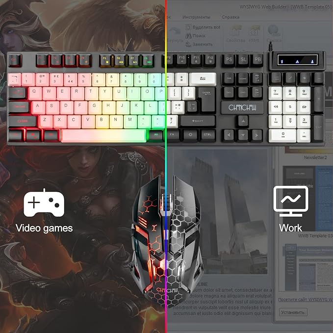 CHONCHOW USB Wired Keyboad and Mouse Combo, Full Size Rainbow LED Light Up Backlit Color Gamer Keyboard and Mouse Set, Mouse and Keyboard Combo for Computer Laptop Xbox PS4 PS5 Gaming and Work