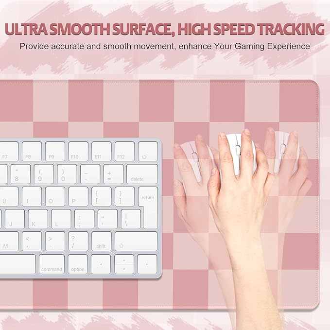 Checkered Pattern Desk Pad Mouse Pad, Large Gaming Mouse Mat with Stitched Edges, Waterproof Rubber Base Mous Mat for Office Computer Keyboard Laptop Home Decor Women (35.4X17.5 inch), Pastel Pink