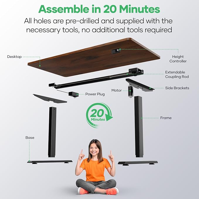 Crenova Electric Standing Desk,Height Adjustable Computer Home Office Stand Up Desk,48 x 24 Inches Whole-Piece Sit Stand Studying Gaming Table(Vintage Brown)