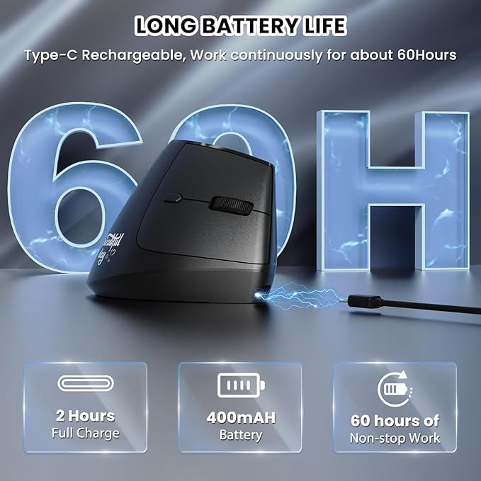 A.JAZZ I300 Bluetooth and 2.4G Rechargeable Wireless Mouse,Ergonomic Vertical Design Optical Mouse Computer Mice,800/1200/1600 DPI,Quiet Clicks,84G Lightweight for Laptop, Desktop, PC, MacBook(Black)