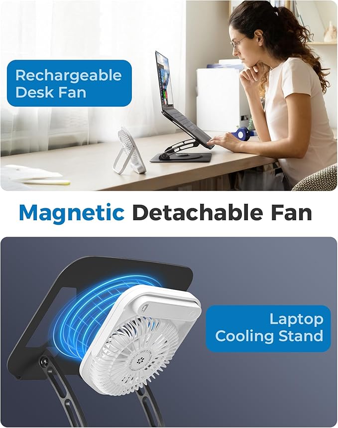 SHUWEI Laptop Cooling Stand with Detachable Desk Fan, Adjustable Height & Angle, 360 Rotating Base, Carbon Steel Framework, Ultra-Quiet & Super Sturdy for up to 16”Laptop-Sliver