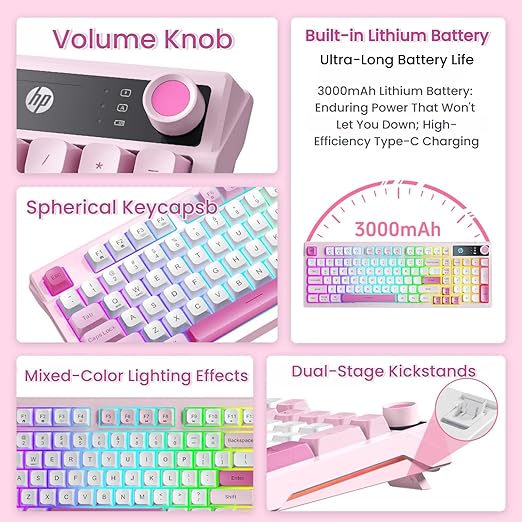 HP K500F Wireless RGB Keyboard, Tri-Mode (2.4G/BT/Wired), 99 Keys Membrane Keyboard with Volume Knob, 3000mAh Battery, Adjustable RGB Breathing Light, Round Keycaps, Windows Compatible, Pink