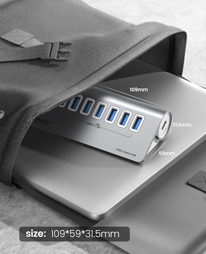 ORICO Powered USB Hub 10Gbps, 7 Port USB 3.2 Gen 2 Hub with 7 USB 3.2 Data Ports, 5V 3A Power Supply Interface, 1.64Ft USB C to C Cable and USB-A Adapter, Aluminum USB Data Hub for Laptop