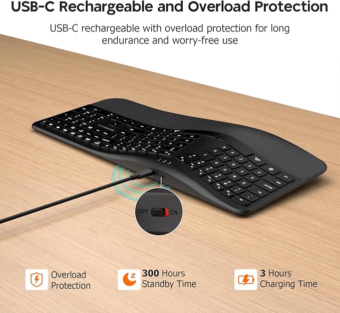 Micropack Wireless Ergonomic Split Keyboard with Cushioned Wrist Rest, Bluetooth & 2.4G Multi-Device Keyboard, USB-C Rechargeable, Quiet Scissor Switch for Mac, Windows & Office