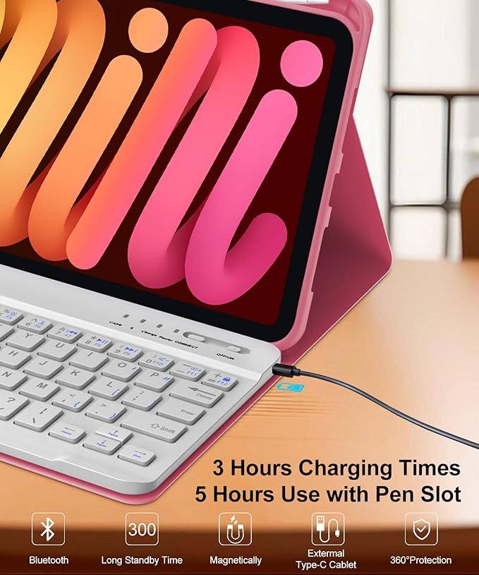 BORIYUAN iPad mini 7th Gen 2024 (A17 Pro) & iPad mini 6 Keyboard Case 2021, Detachable Wireless Bluetooth Keyboard Slim Folio Smart Cover with Pencil Holder for iPad mini 7th/6th Gen 8.3 inch - Red