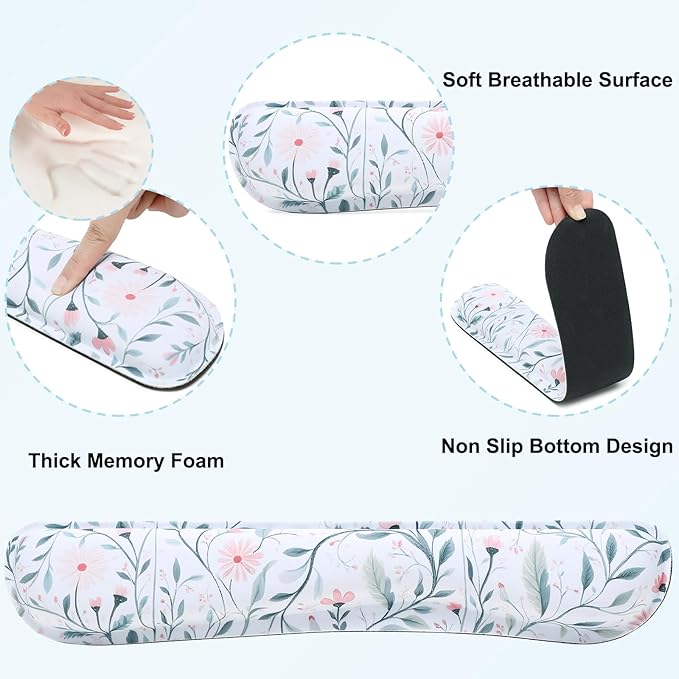 MEGREZ 4-in-1 Ergonomic Memory Foam Wrist Rest Set, Desk Pad, Mouse Pad with Wrist Rest, Keyboard Pad, Suitable for Office Workers, Programmers & Gamers–Relieve Typing & Gaming Fatigue, White Flower
