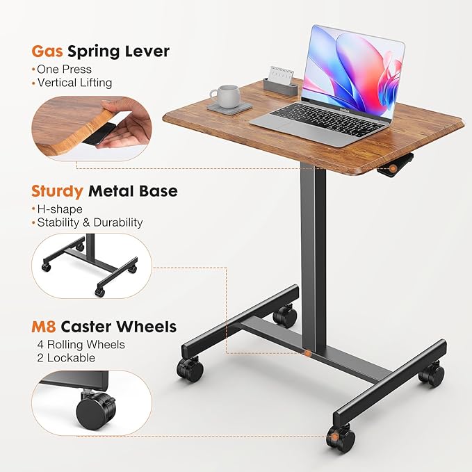Sweetcrispy Mobile Small Standing Desk - Sit Stand Portable Rolling Laptop Desk with Lockable Wheels, Adjustable Height Computer Workstations, Brown