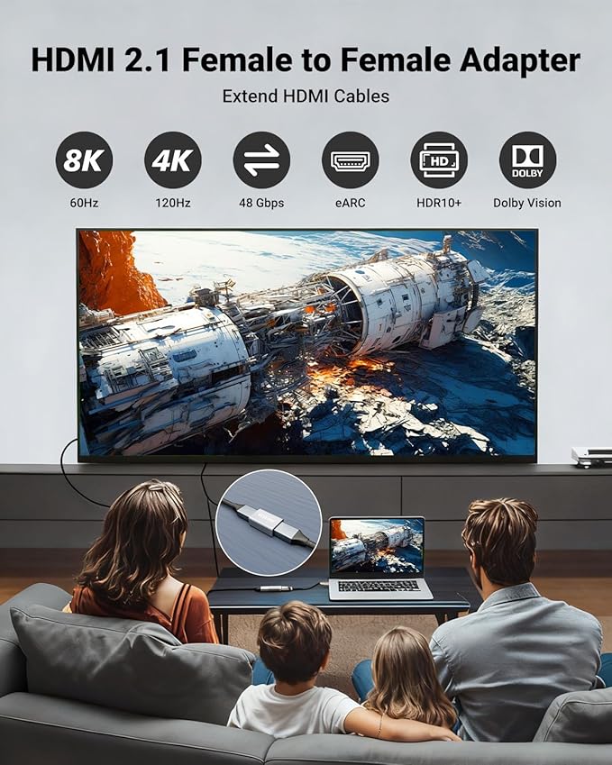 VCELINK HDMI Coupler 8K, HDMI 2.1 Female to Female Extension Adapter to Extend 2 Short Cables, Support 8K@60Hz / 4K@120Hz 120UHD, 3D, HDR, ARC Compatible with Laptop, PC, Monitor, Roku TV, 2 Pack