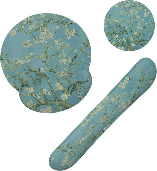 Blossoming Almond Tree Keyboard Wrist Rest Pad and Mouse Pad Wrist Support Set,White Flower 3-in-1 Ergonomic Mouse Pad with Non-Slip Rubber Base for Home Office Game Computers Desk,