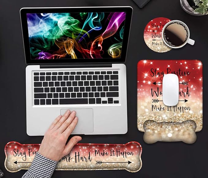 Keyboard Wrist Rest and Mouse Pad Wrist Support Set,Stay Positive Work Hard and Make It Happen Inspirational Quote Non-Slip Rubber PU Base for Home Office Working Studying Easy Typing & Pain Relief