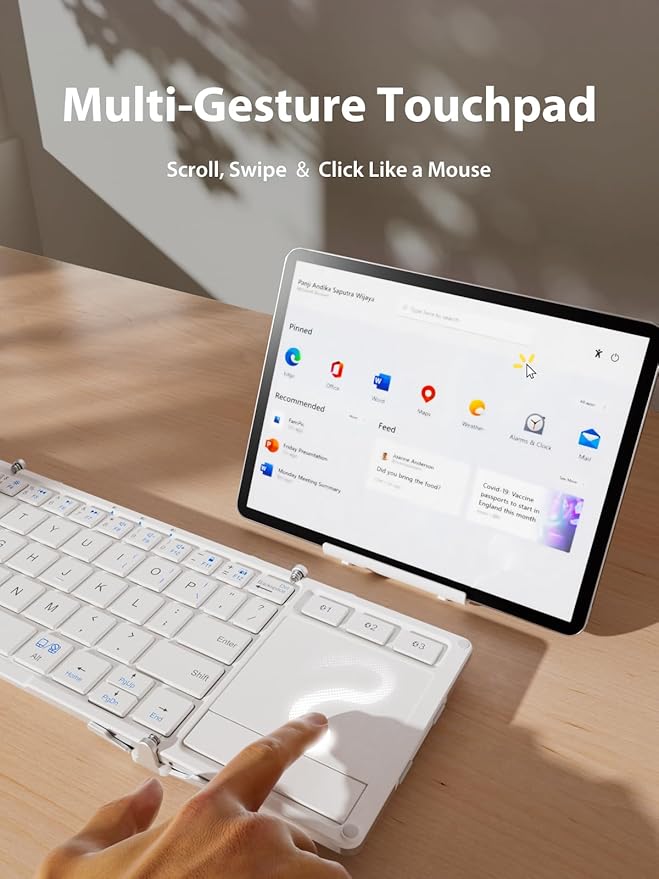 iClever Bluetooth Keyboard with Touchpad, Foldable Keyboard, Metal Body, Gesture Support, USB-C Charge, Pocket-Size Wireless for Travel, iPad, iPhone, Android, Windows, Silver White