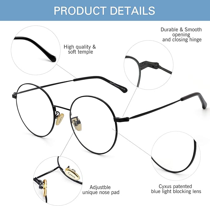 Cyxus Blue Light Glasses for Men and Women, Round Metal Frame Computer Eyeglasses for Office, Gaming, Reading 8090
