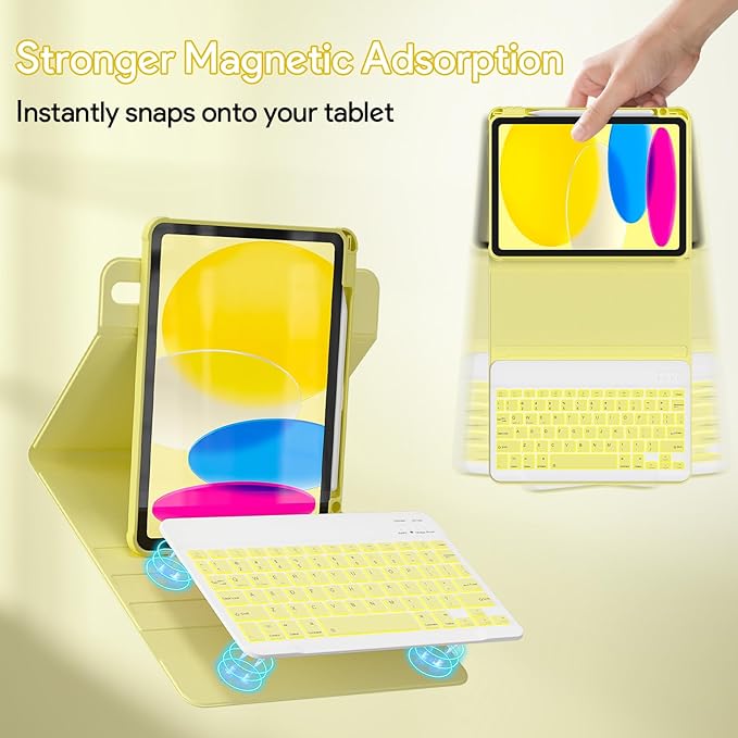 YBING for iPad A16 Case with Keyboard & iPad 10th Generation 10.9" 2022, 360 Rotation Magnetic Cover with 7-Color Backlit Wireless Detachable Keypad with Pencil Holder (Yellow)