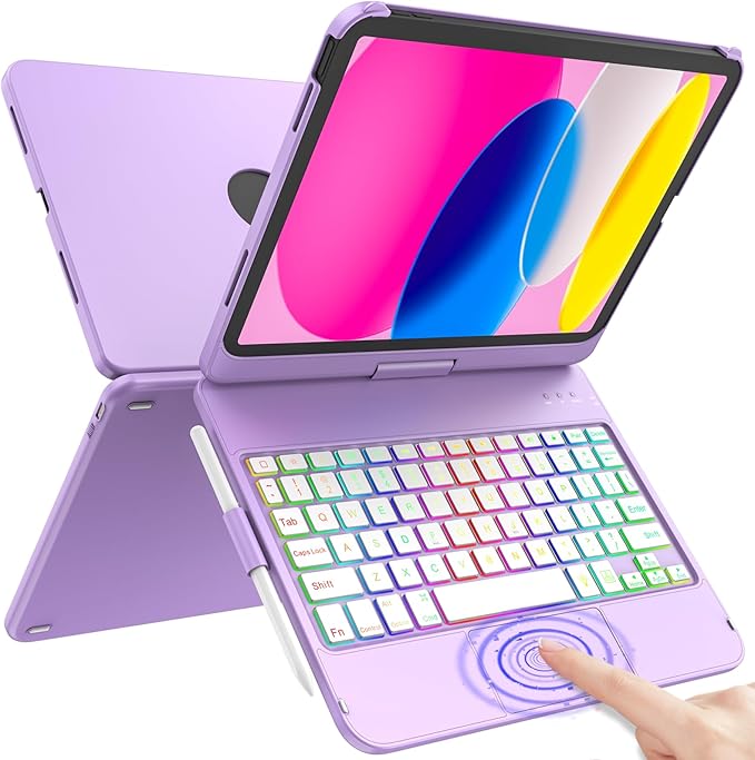 HOTLIFE for iPad A16 11th Generation/10th Generation Case with Keyboard,Touch Keyboard for iPad 11" /10th Gen 10.9 inch 2022-10 Color Backlight, 360° Rotatable Protective Cover (Light Purple)