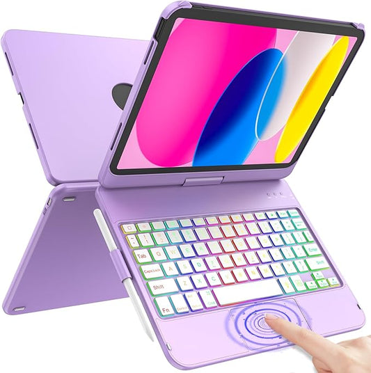 HOTLIFE for iPad A16 11th Generation/10th Generation Case with Keyboard,Touch Keyboard for iPad 11" /10th Gen 10.9 inch 2022-10 Color Backlight, 360° Rotatable Protective Cover (Light Purple)